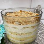 Banana Pudding in clear trifle bowl.