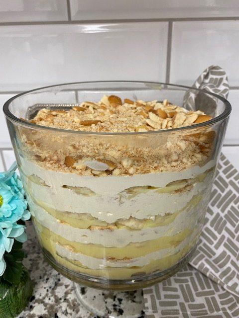 Banana Pudding in clear trifle bowl.