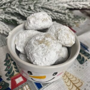 Snowball Cookies in Snowman Bowl.