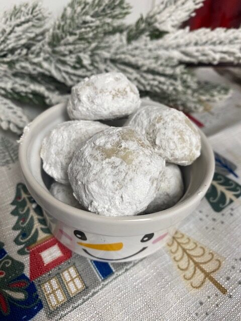 Snowball Cookies in Snowman Bowl.
