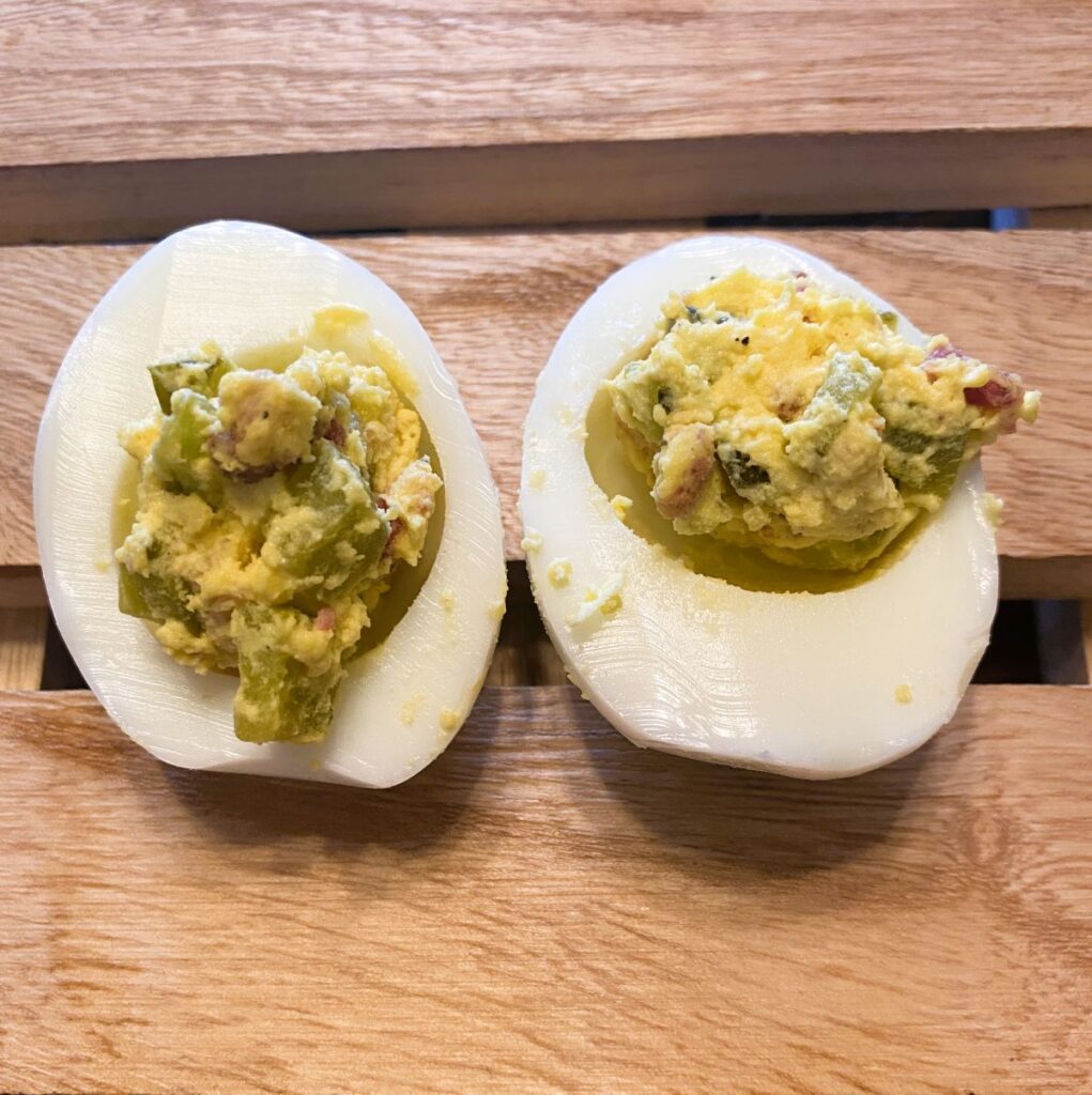 Deviled Eggs on wooded board