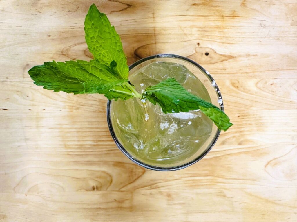 Mint Julep from above in clear glass with mint sprigs.