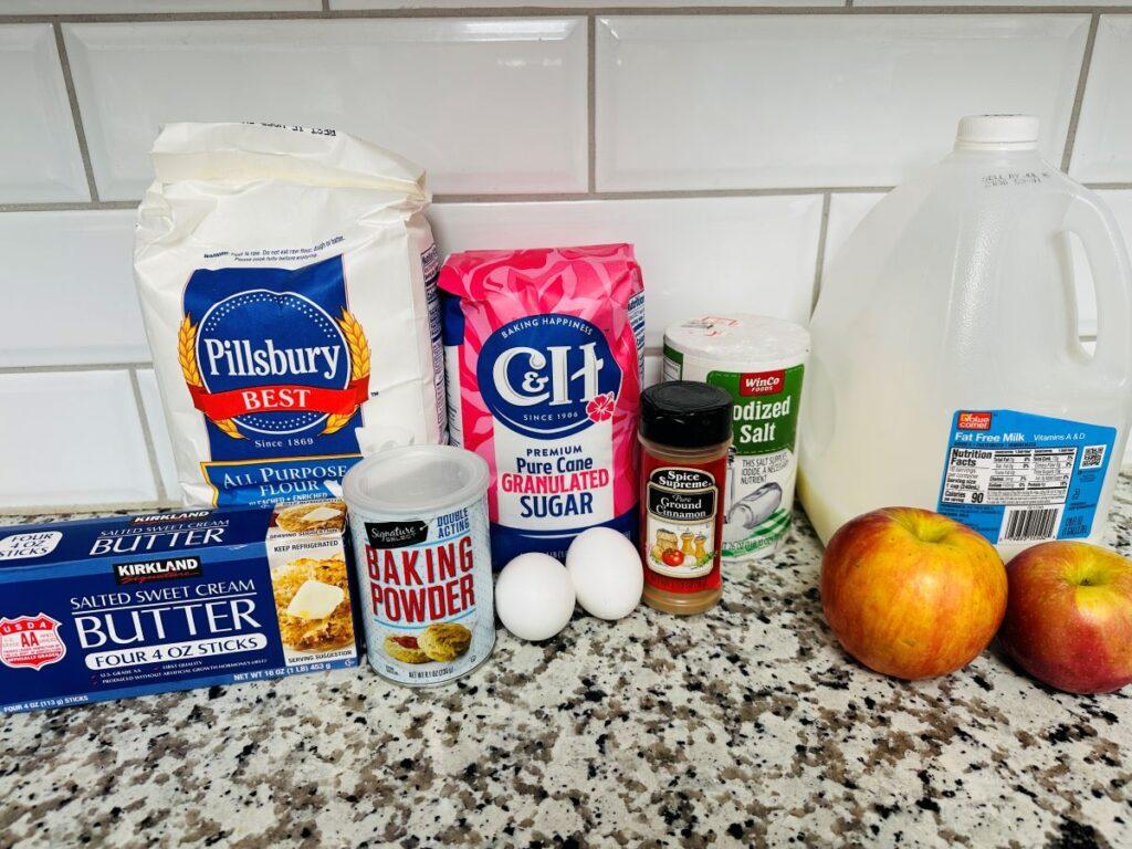 Ingredients for apple pancakes on counter.