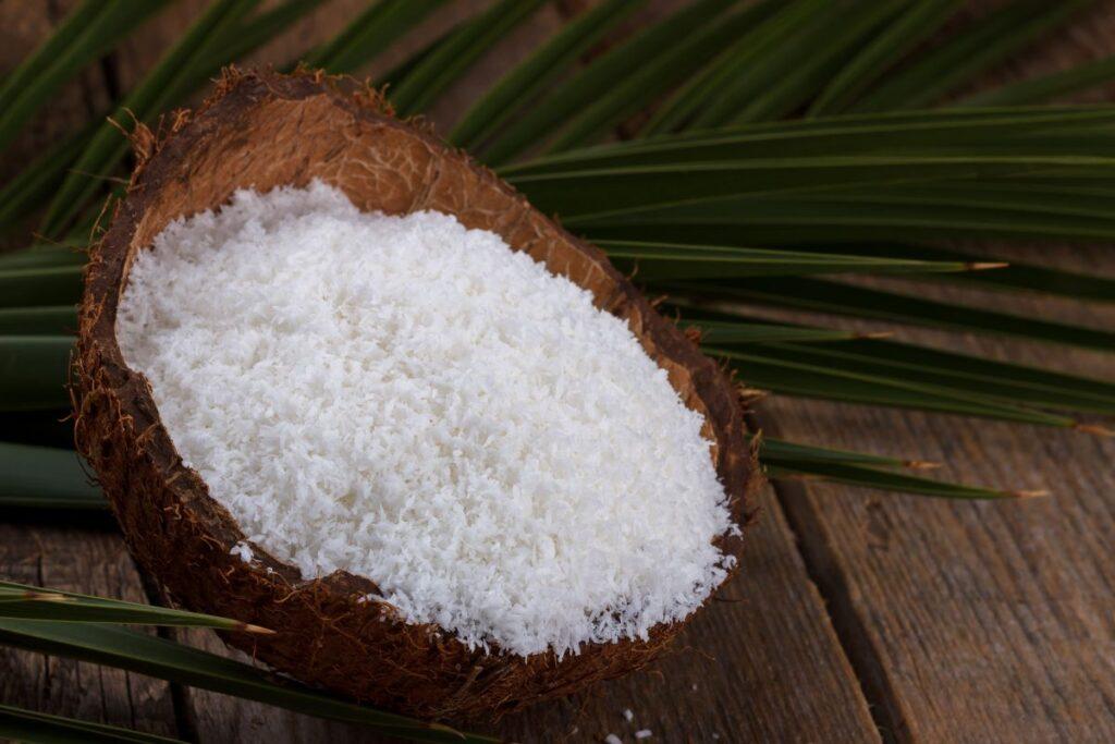 Coconut flakes in coconut shell.