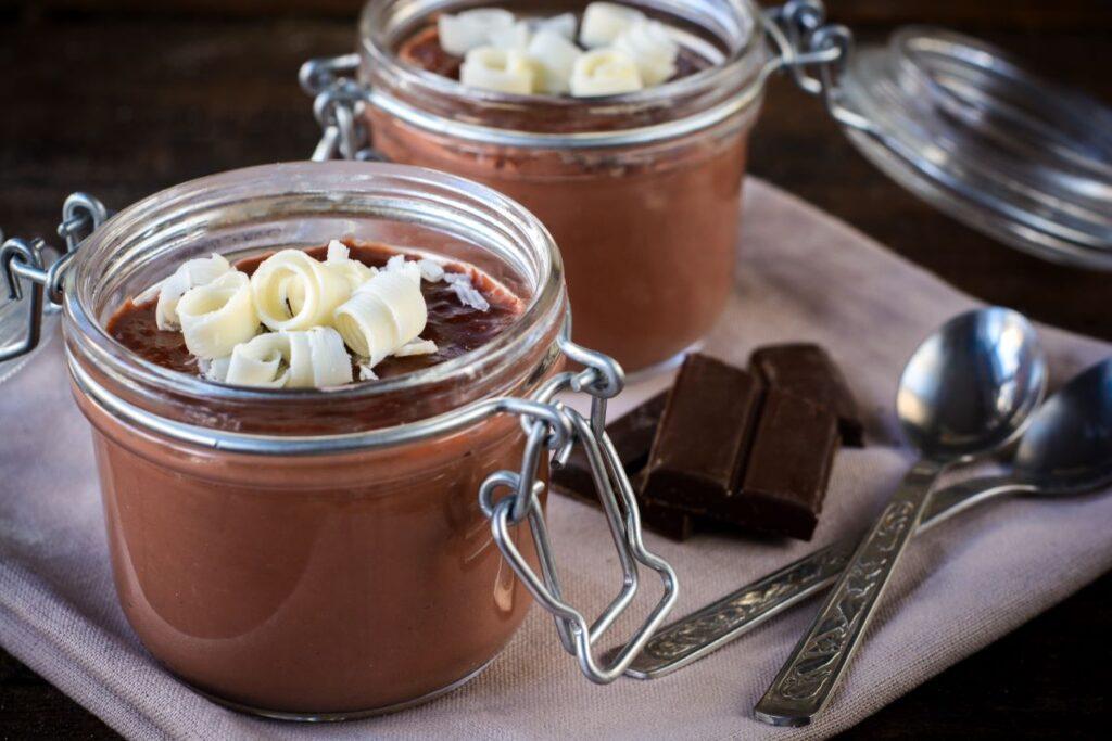 Chocolate pudding in glass jars.