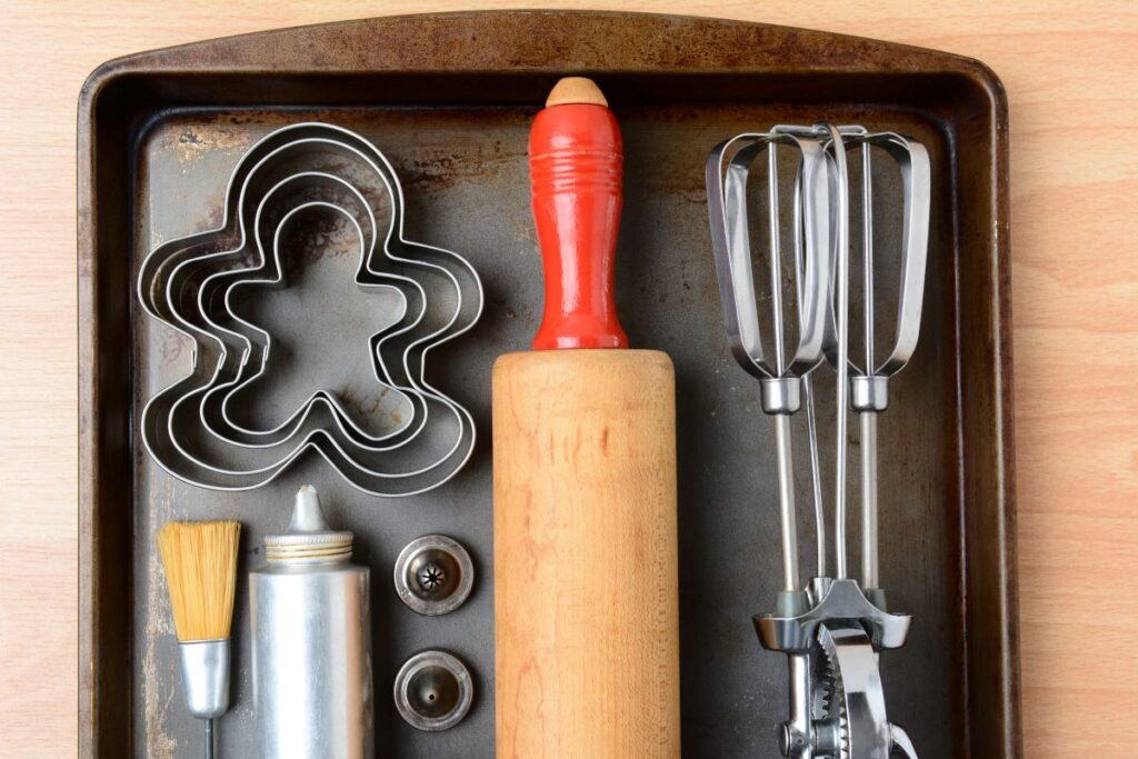 Baking tools on a cookie tray.