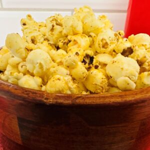 Yellow popcorn in wooden bowl.