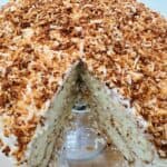 Cake topped with toasted coconut with one slice missing.
