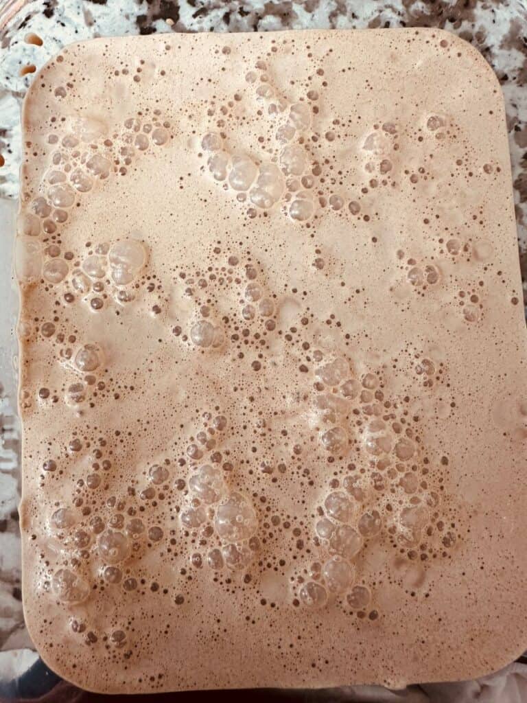 Light brown chocolate ice cream before freezing in rectangular bowl.