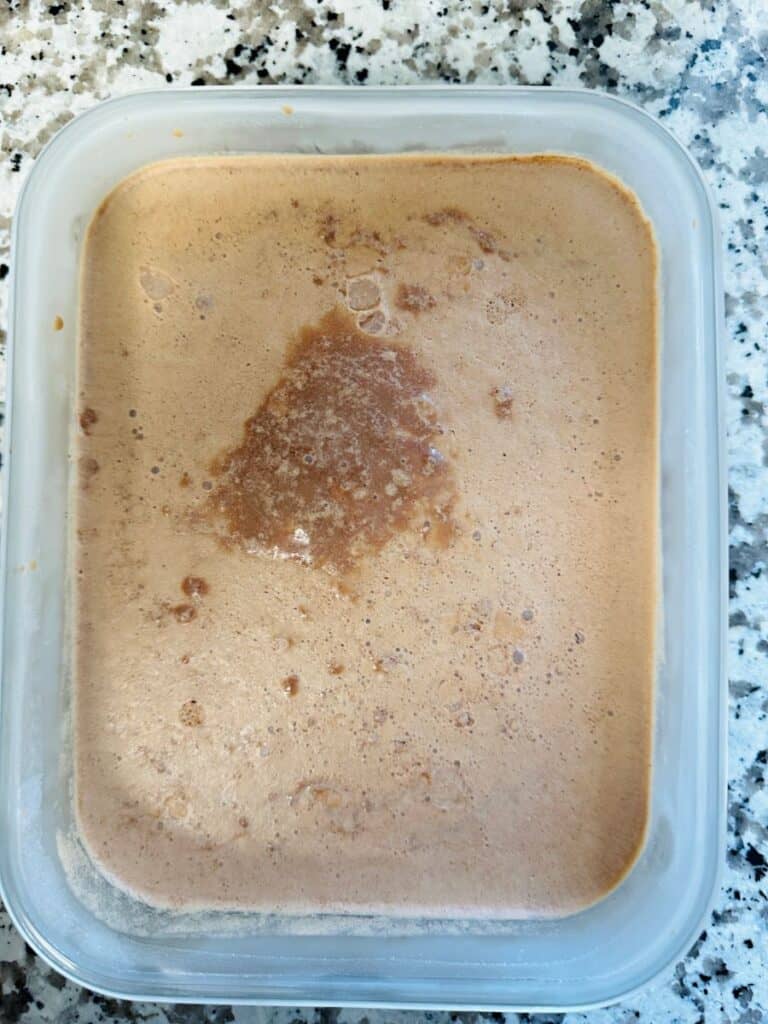 Light brown chocolate ice cream in rectangular dish fresh out of the freezer.