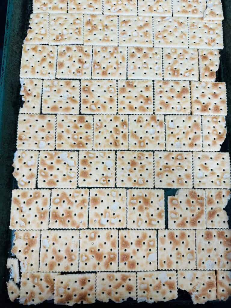 Saltine crackers covering cookie sheet.