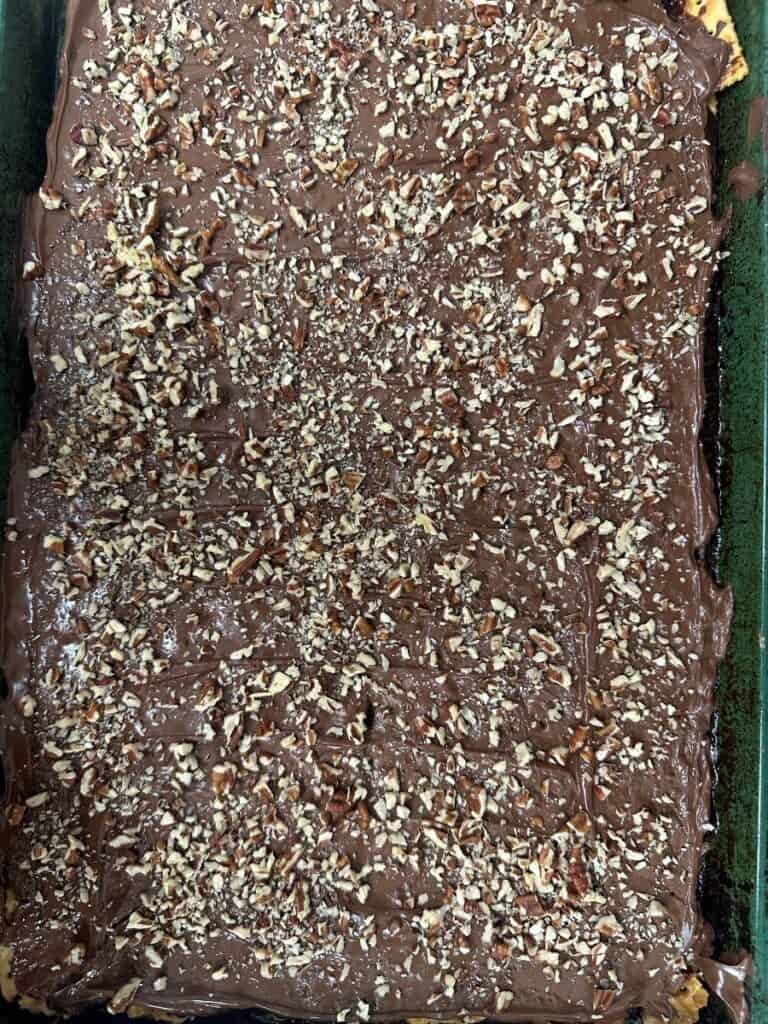 Chopped pecans on top of melted chocolate.