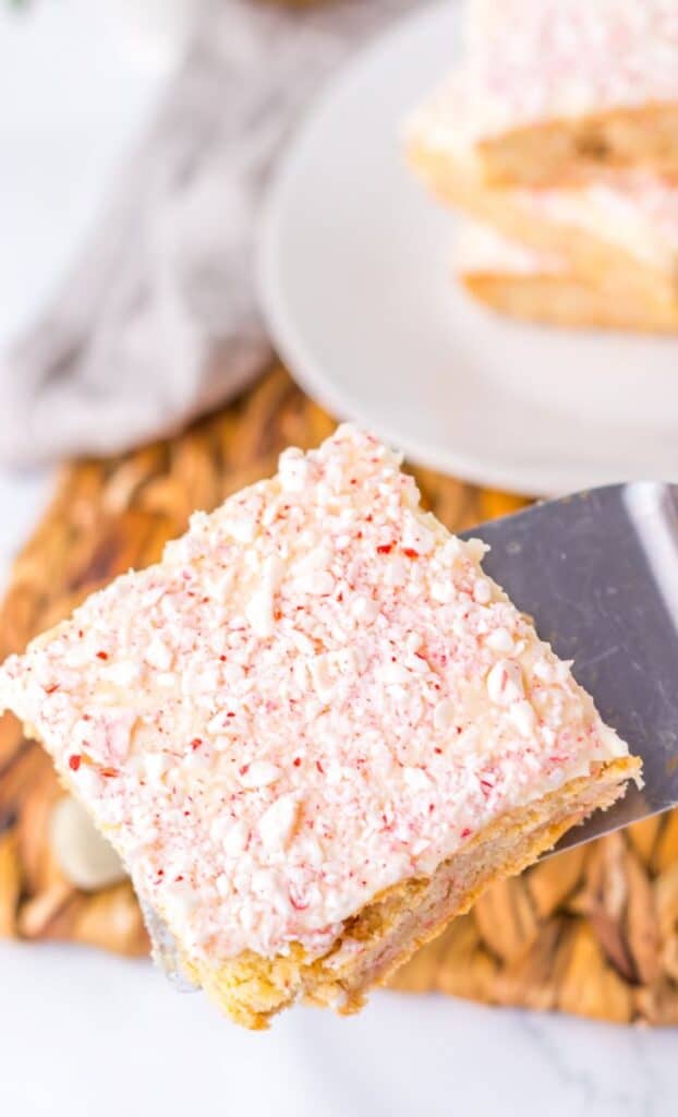 Close up of light brown cookie bar with red and white speckled frosting. on silver spatula.