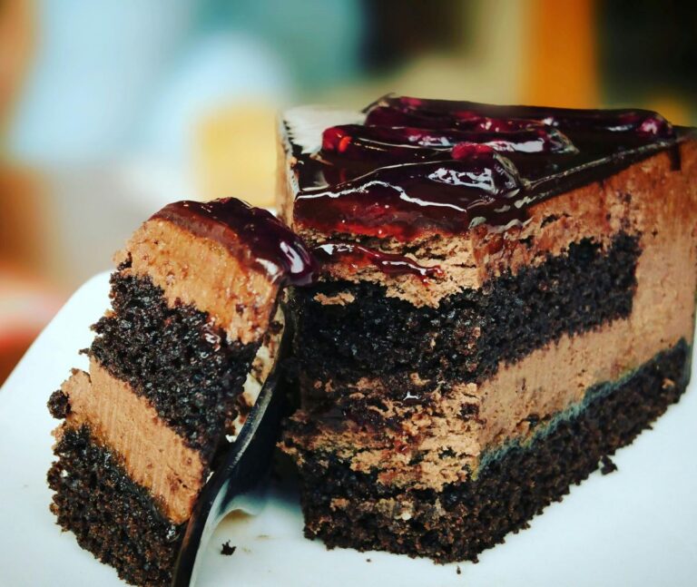 Close up of slice of chocolate cake with chocolate filling and red jelly frosting.