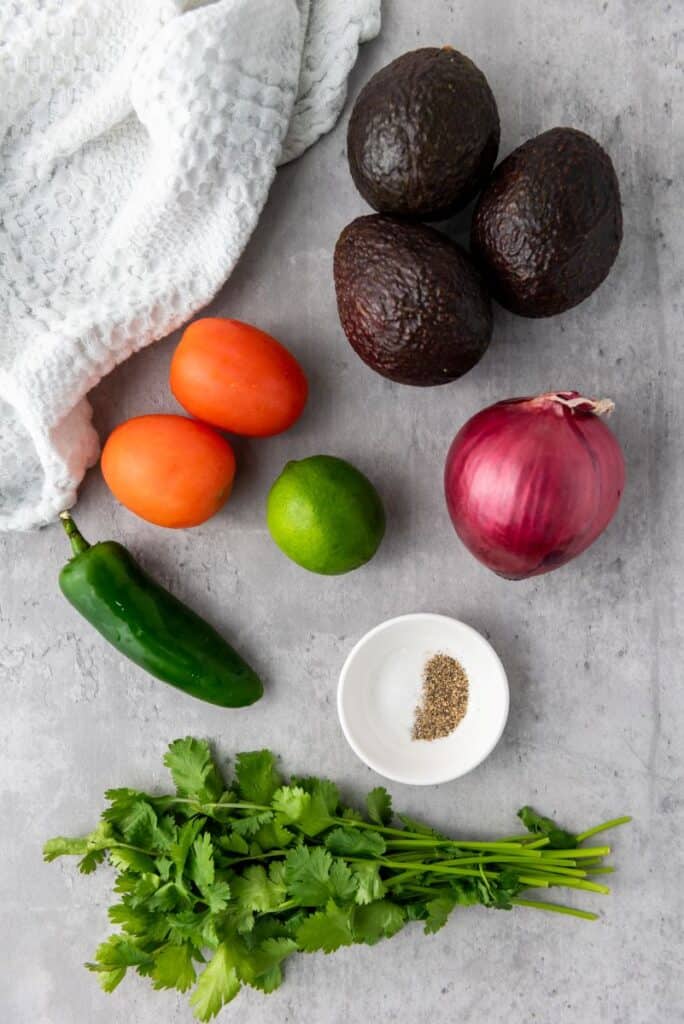 Top view of ingredients on grey surface.