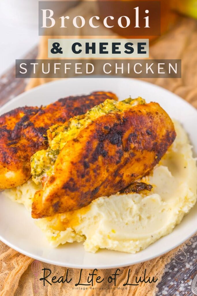 Pinterest pin for broccoli and cheese stuffed chicken.