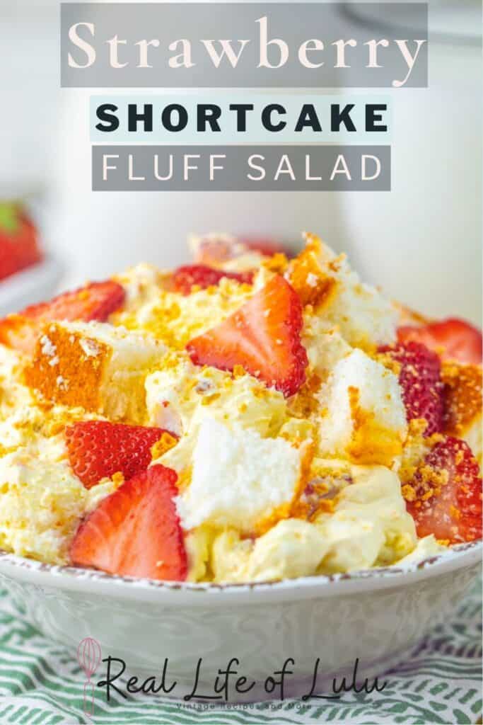 Pinterest pin for strawberry shortcake fluff salad.