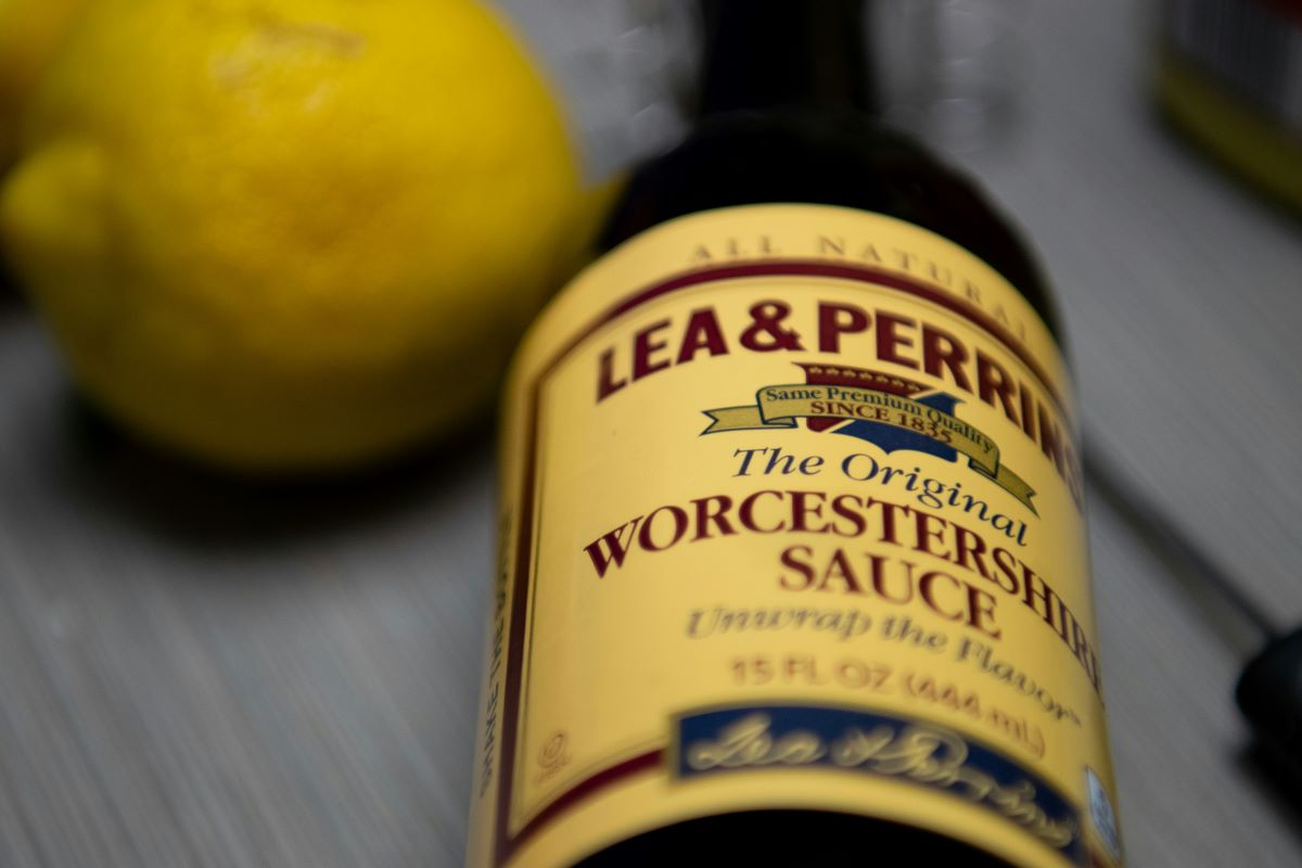 Close up of bottle of Worcestershire sauce.