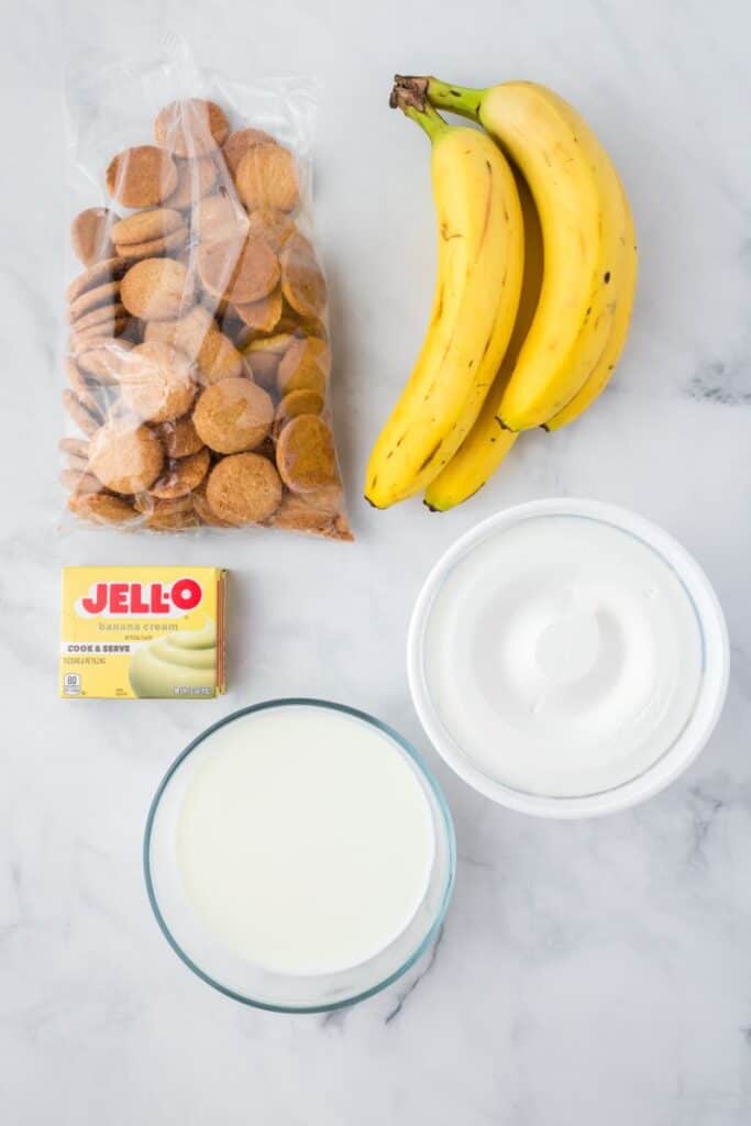 Overhead view of ingredients for banana pudding.