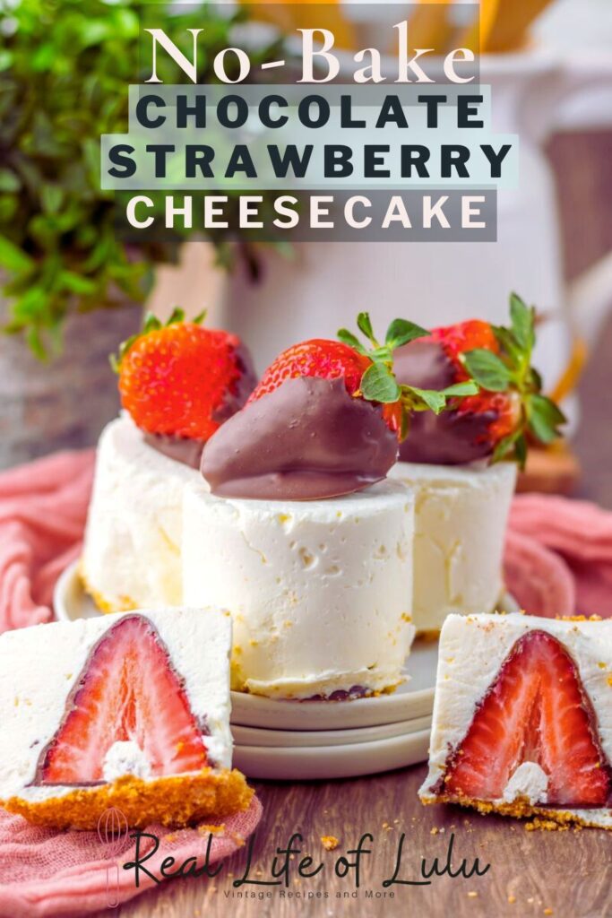 Pinterest pin for no-bake chocolate strawberry cheesecake.
