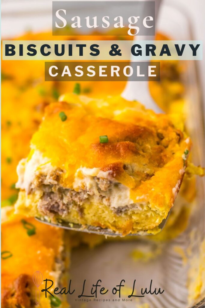 Pinterest pin for sausage biscuits and gravy casserole.