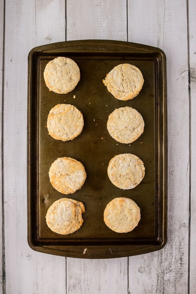 Overhead view of round cooked biscuits on cookie sheet.
