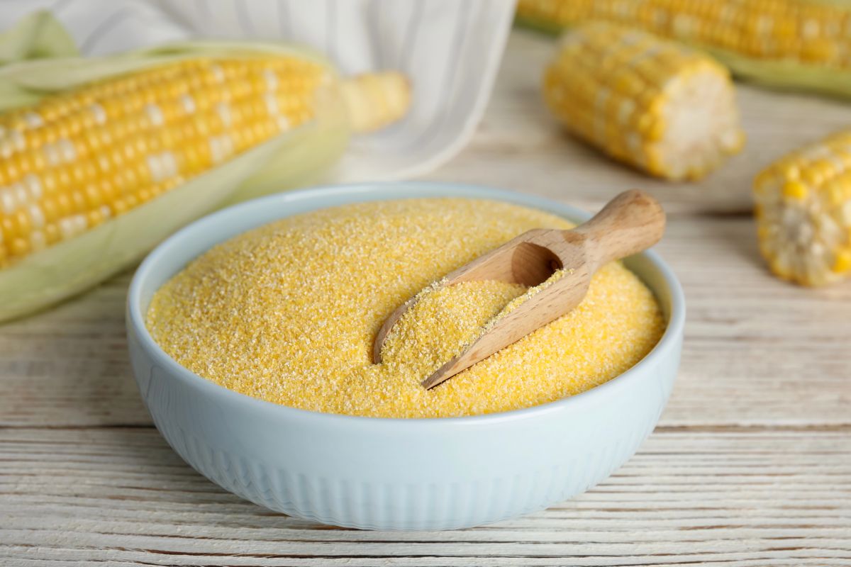 Cornmeal in a white bowl with a wooden scoop.