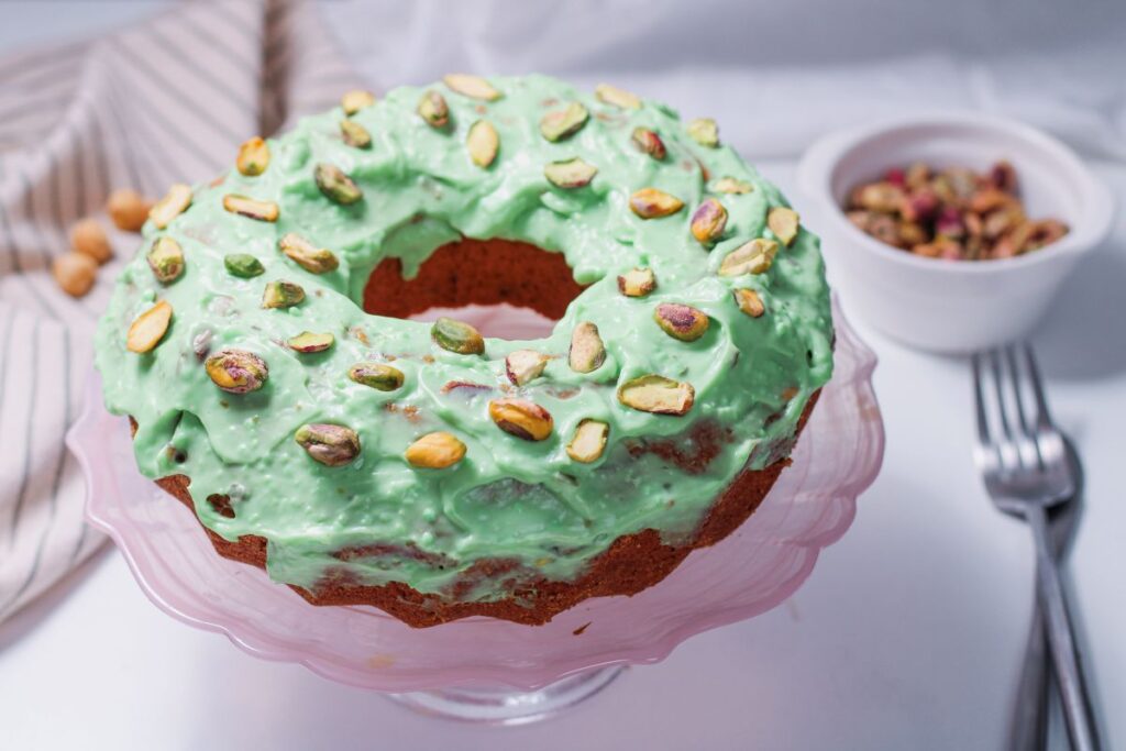 Bundt cake with green frosting.