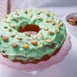 Bundt cake with green frosting.