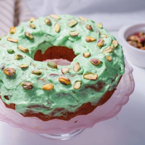 Bundt cake with green frosting.