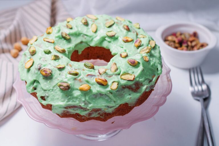 Bundt cake with green frosting.
