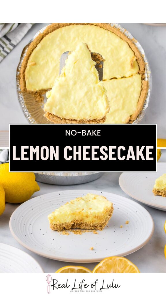 A no-bake lemon cheesecake with a graham cracker crust is shown. One slice is being lifted from the pie tin, and another slice is on a white plate. Lemons and plates are visible in the background.