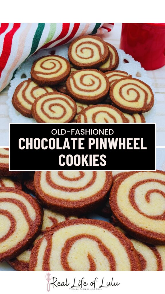 A plate of old-fashioned chocolate pinwheel cookies, neatly arranged with a red and white striped cloth in the background and a red mug on the side. The cookies have a swirled chocolate and vanilla pattern.