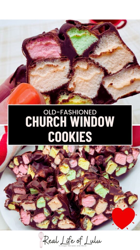 Close-up of old-fashioned church window cookies made with colorful mini marshmallows and chocolate, shown in two views: a sliced piece held by hand, and a plate of cookies. Text overlay reads “Old-Fashioned Church Window Cookies.”.