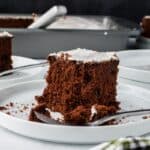 A slice of chocolate cake with white icing sits on a white plate, partially eaten with a fork. More slices and a baking pan with cake are visible in the background. Crumbs are scattered on the plates.