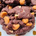 A close-up of a thick, chocolate cookie studded with large golden butterscotch chips and small pieces of nuts, resting on a white patterned surface.