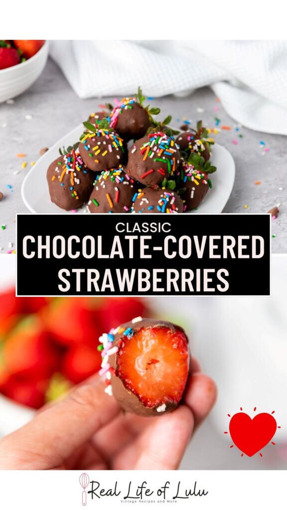 A plate of chocolate-covered strawberries with colorful sprinkles sits on a table; below, a hand holds a bitten strawberry showing the juicy red center. Text reads: Classic Chocolate-Covered Strawberries.