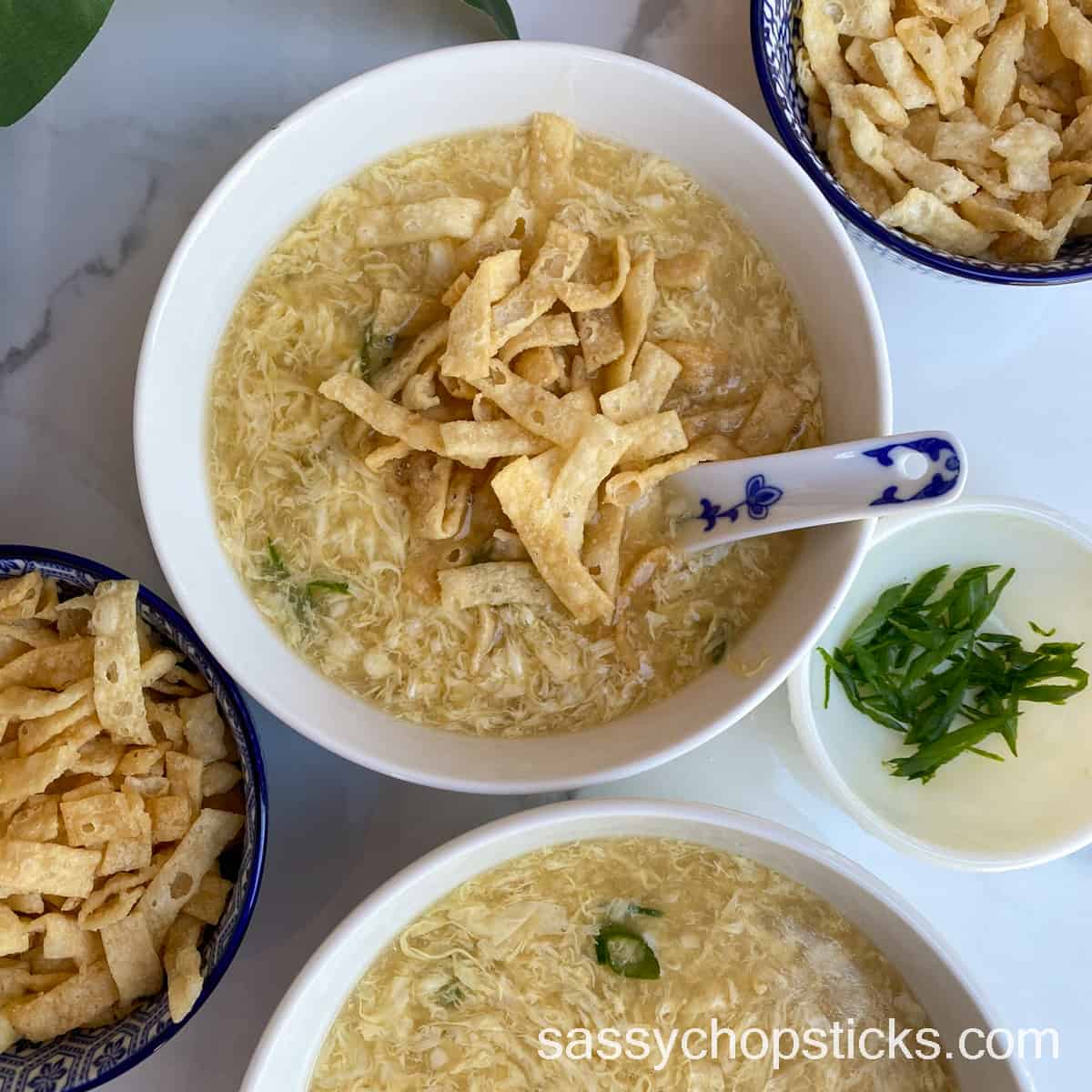 A bowl of egg drop soup topped with crispy wonton strips, garnished with green onions. Additional wonton strips and sliced green onions are in smaller bowls nearby. The website sassychopsticks.com is visible.
