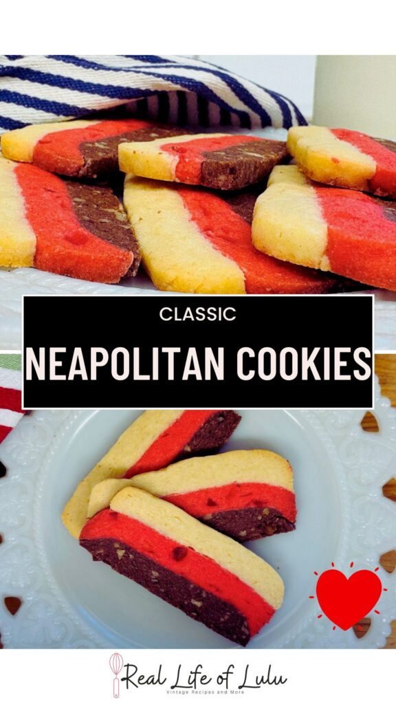 Rectangular Neapolitan cookies with layers of chocolate, vanilla, and strawberry are arranged on plates. The cookies are striped pink, brown, and cream. The image features the text Classic Neapolitan Cookies.