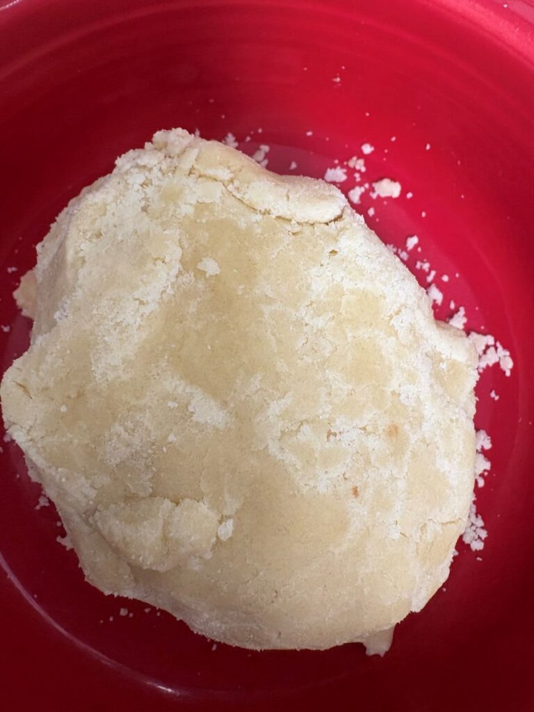 A ball of crumbly, pale dough sits in a red mixing bowl. The dough has a rough texture and uneven surface, with small pieces and crumbs scattered around it.