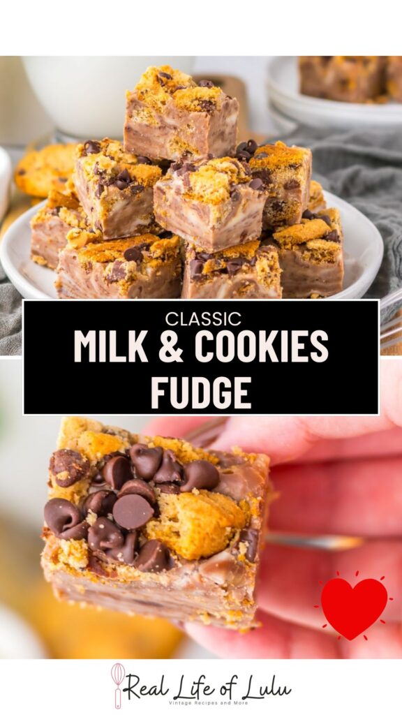 A plate of stacked fudge squares topped with chocolate chips and cookie pieces. Below, a hand holds a single fudge piece. Text reads Classic Milk Cookies Fudge. A red heart and Real Life of Lulu logo are at the bottom.