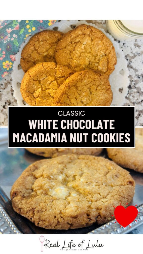Top: Four golden brown cookies on a white plate, displayed on a floral surface. Bottom: Close-up of a white chocolate macadamia nut cookie on a tray. Text overlay reads: Classic White Chocolate Macadamia Nut Cookies.