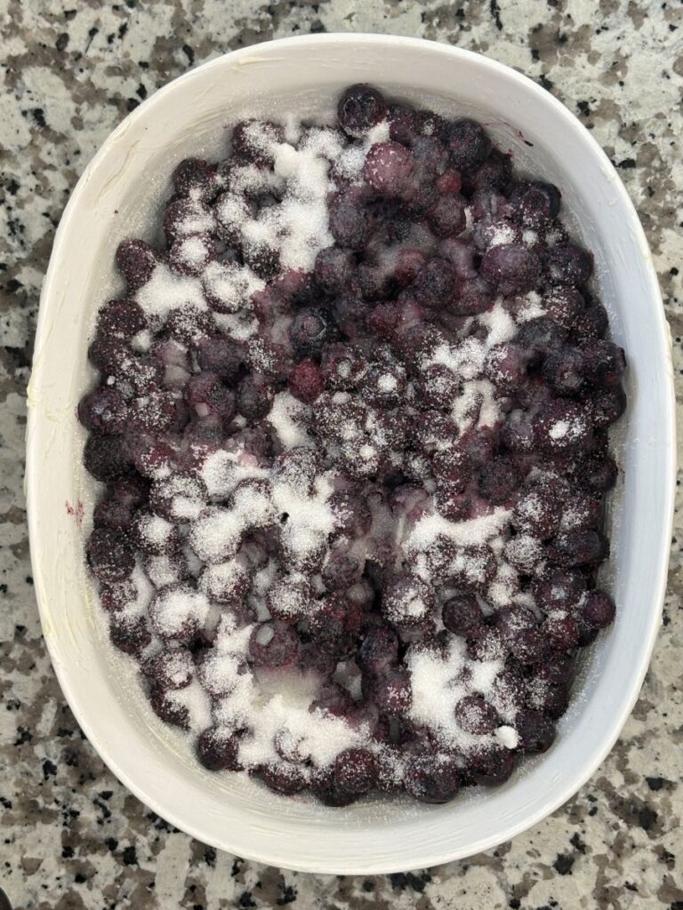 A white oval dish filled with fresh blueberries sprinkled with a layer of white sugar, sitting on a speckled gray granite countertop.