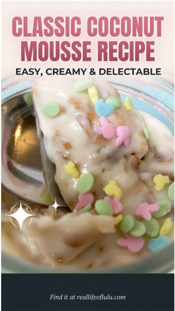 A close-up of creamy coconut mousse topped with colorful sprinkles, with a spoon scooping some out. Text above reads, Classic Coconut Mousse Recipe—Easy, Creamy Delectable. Website info is at the bottom.