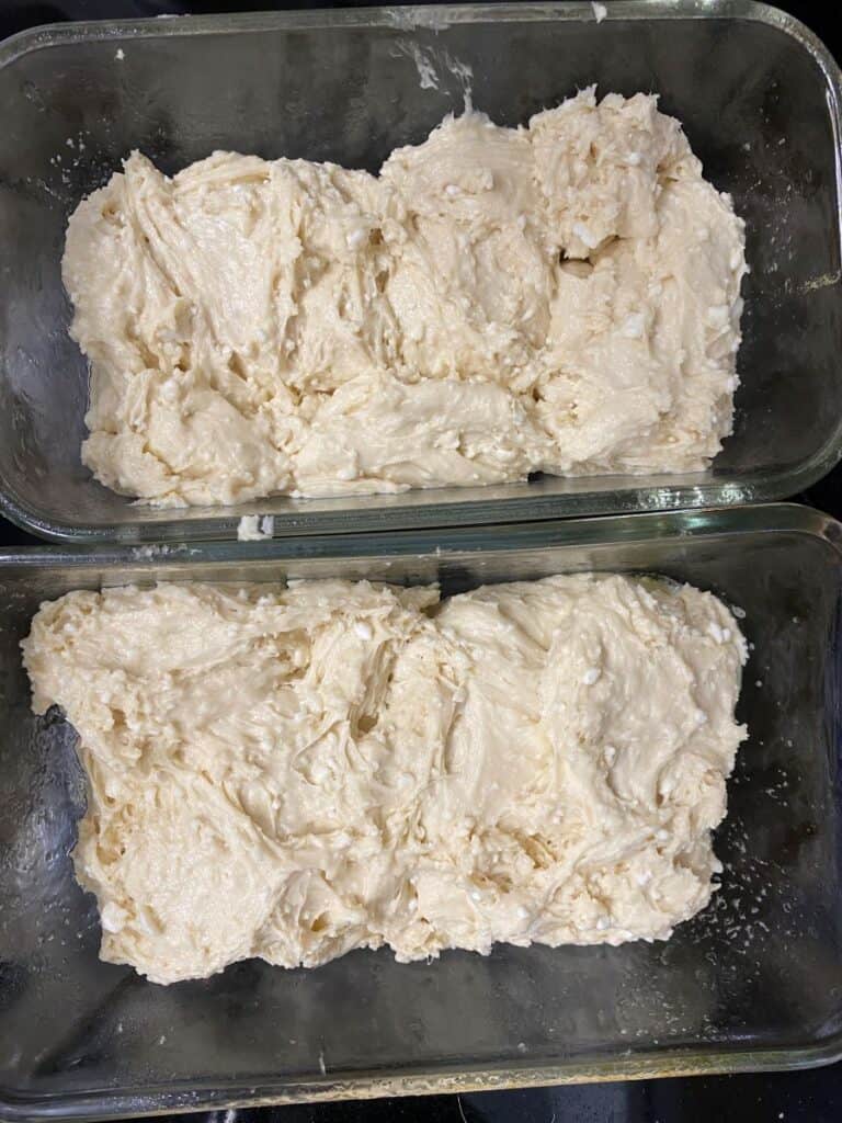 Two glass loaf pans filled with unbaked bread dough, spread unevenly across the pans, ready to be baked. The dough appears thick and slightly lumpy.