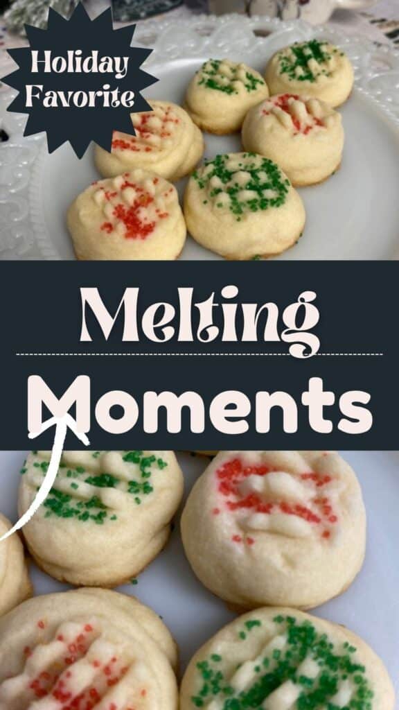 A plate of round, buttery cookies topped with red and green sprinkles, labeled as a holiday favorite called Melting Moments. The cookies are arranged on a white plate with a festive presentation.