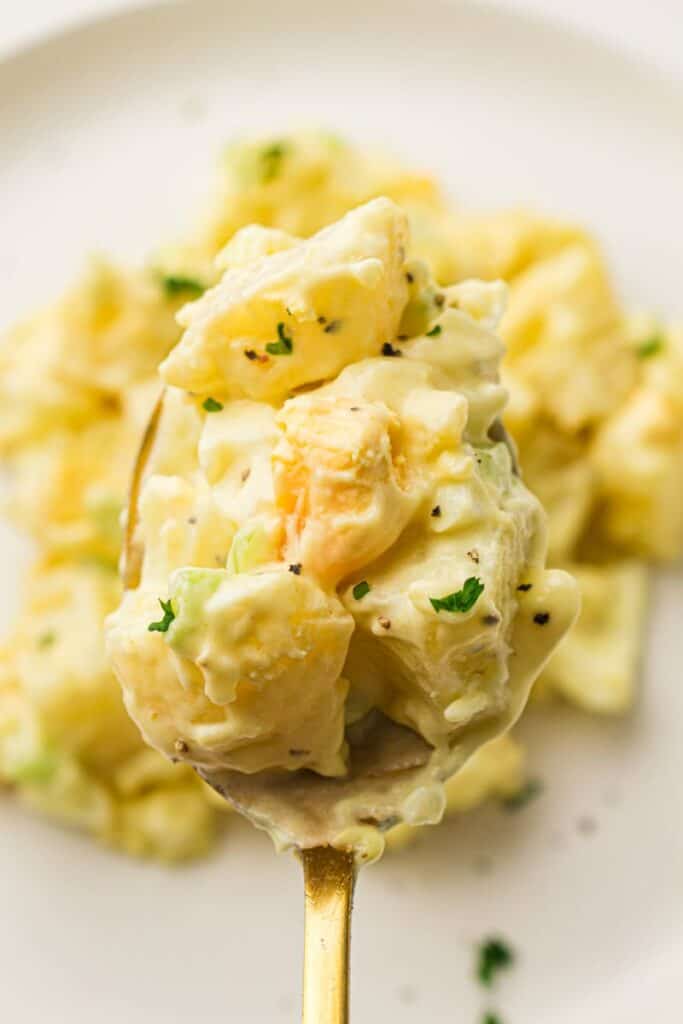 A close-up of a spoonful of creamy potato salad with chopped herbs, held above a plate with more potato salad in the background.