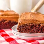 Two squares of chocolate cake with chocolate frosting on white plates, sitting on a red and white checkered cloth. A glass of milk is blurred in the background.