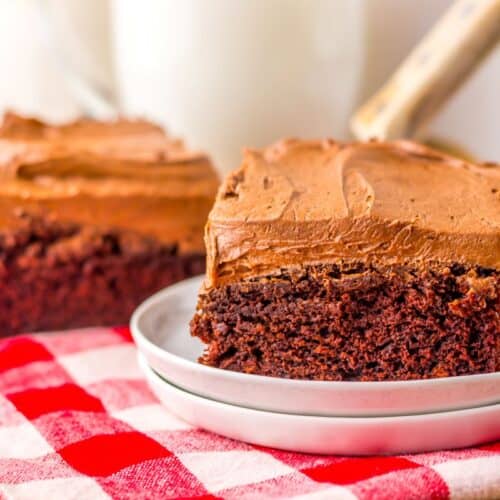 Two squares of chocolate cake with chocolate frosting on white plates, sitting on a red and white checkered cloth. A glass of milk is blurred in the background.
