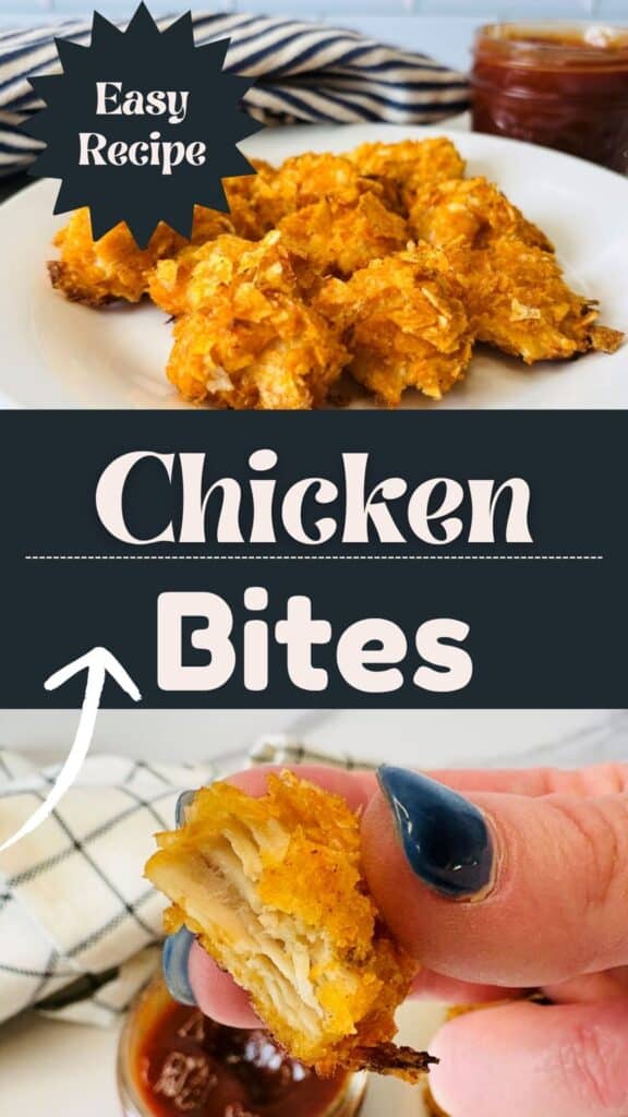Plate of crispy chicken bites on a white plate, labeled Easy Recipe Chicken Bites. A hand holds one bite, showing the tender inside, with dipping sauce in the background.